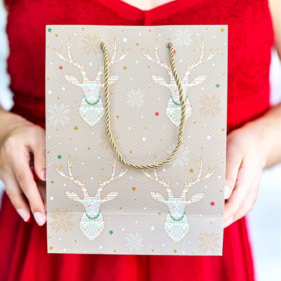 Hediye Karton Poşet- Geyik Temalı Krem