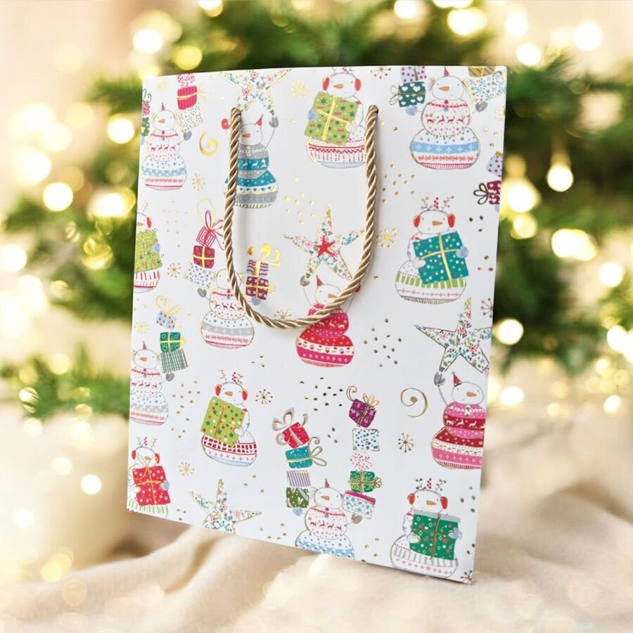 Hediye Karton Poşet- Kardan Adam Temalı Beyaz