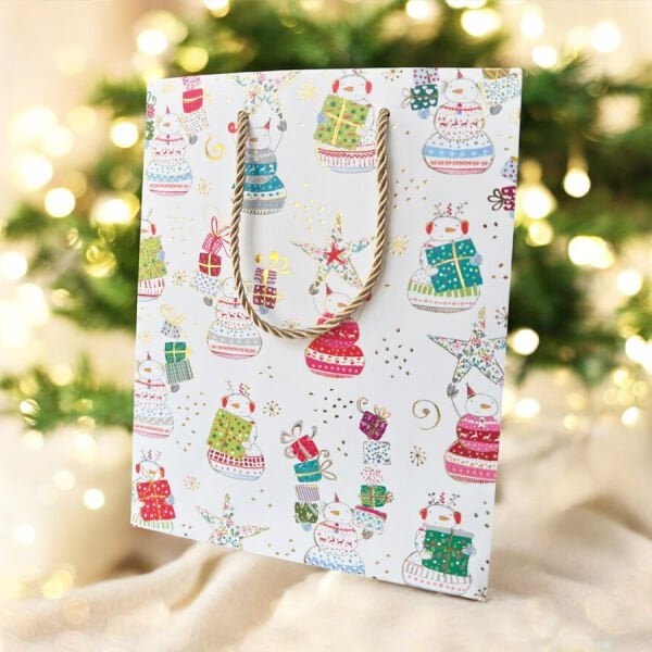 Hediye Karton Poşet- Kardan Adam Temalı Beyaz